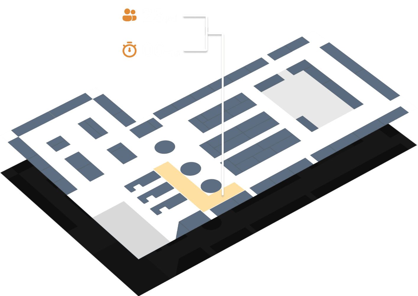 A floor plan highlighting a waiting area with relevant customer-related data.