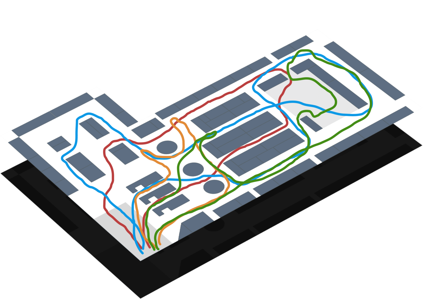 A floor plan with customer pathways.